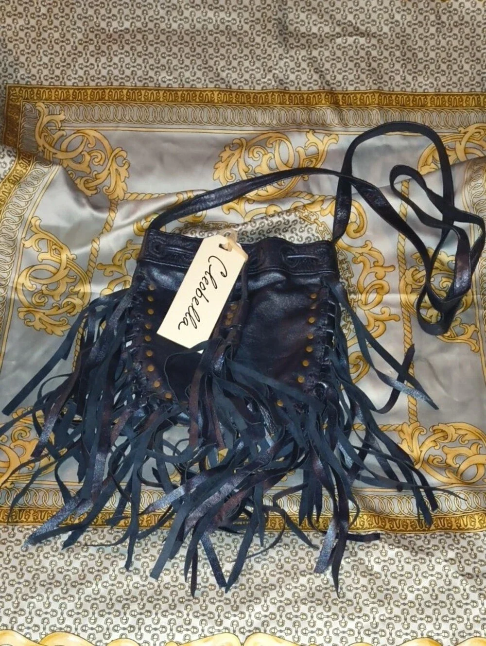 Cleobella Black Fringe Leather Crossbody with Stud Accents